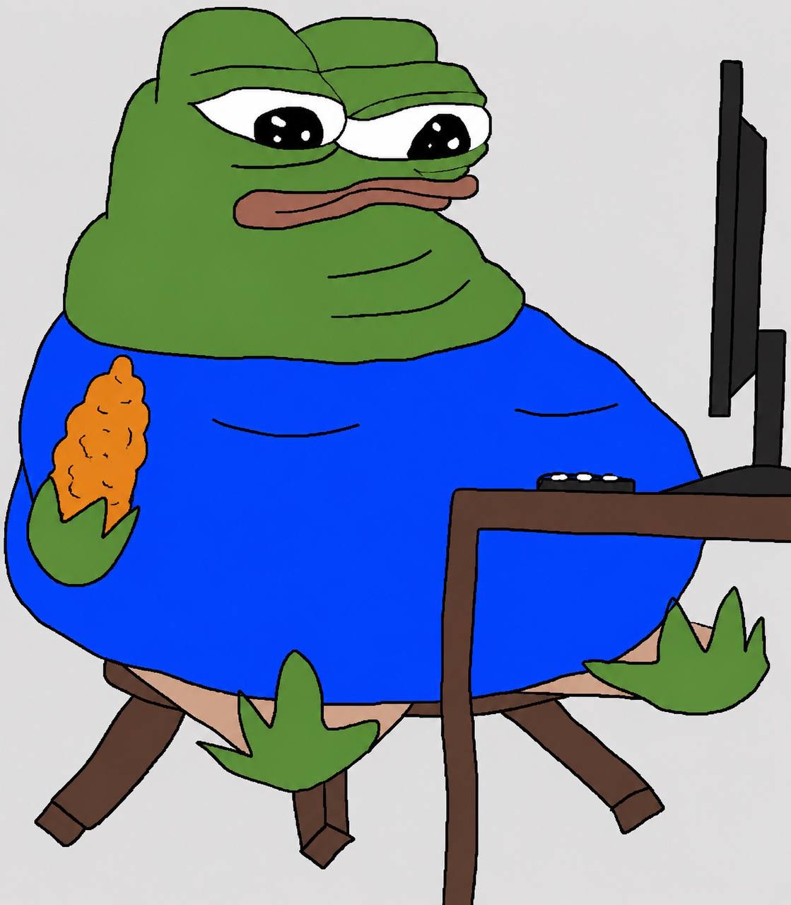 Pepe at a computer with a chicken tender in hand.