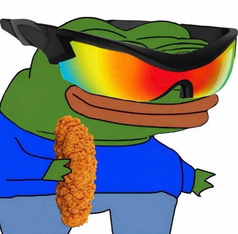Pepe wearing mirrored sunglasses while holding a chicken tender.