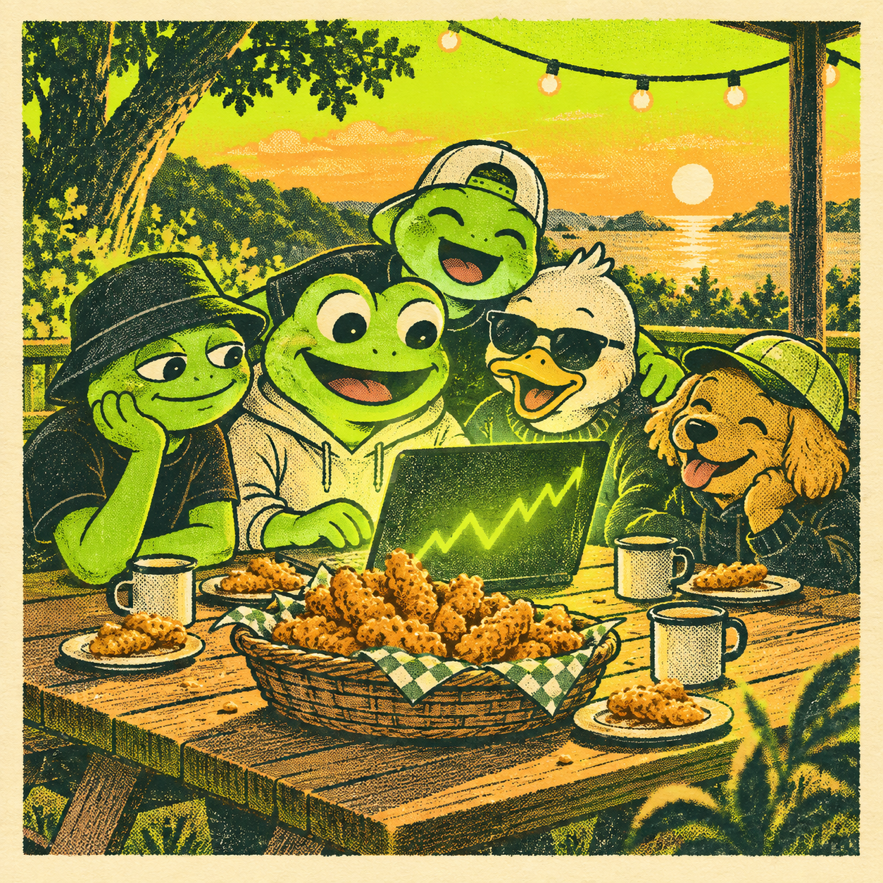 Friends gathered at an outdoor table with chicken tenders and a laptop.