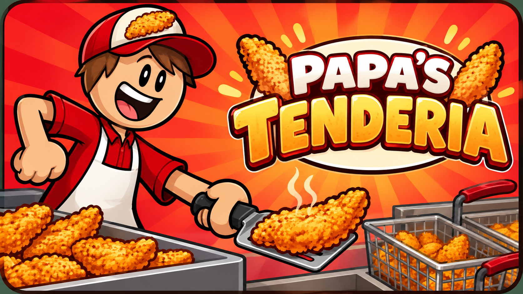 Illustrated cover for Papa's Tenderia, featuring a fry cook serving chicken tenders.