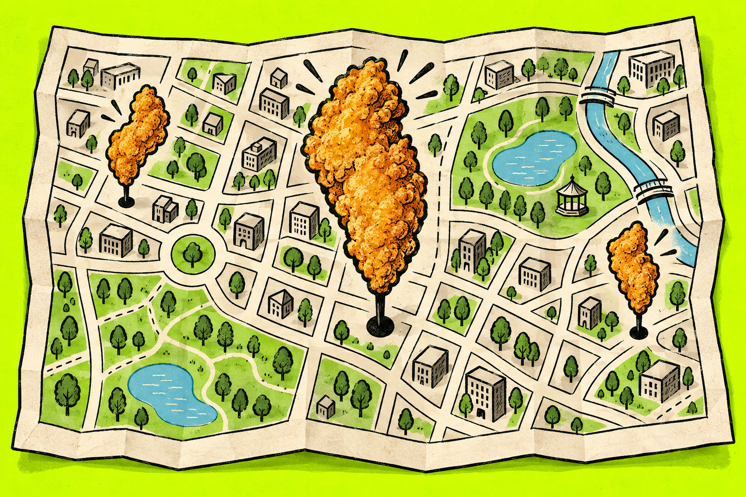 Illustrated folded city map with chicken tender pins marking restaurants.